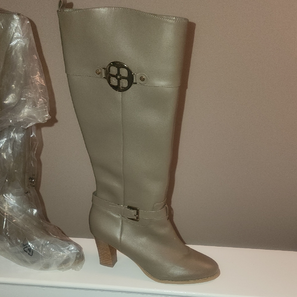 IMAN Taupe Heeled Boots with Gold Accent
